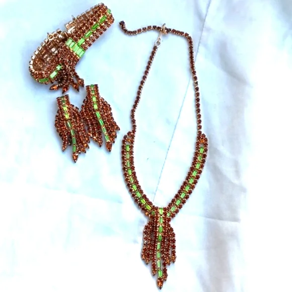 ALICE CAVINESS PARURE URANIUM GLASS 12K GOLD FILLED SET - Picture 2 of 12